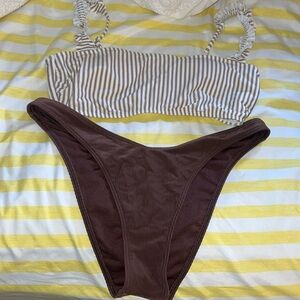 Abercrombie Brown High Leg Bottom and Brown/White Striped Ruffle Bikini Top M